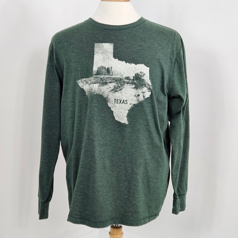 State of Mine Texas Graphic Long Sleeve Tee Mens Large Heather Green Shirt FLAW
